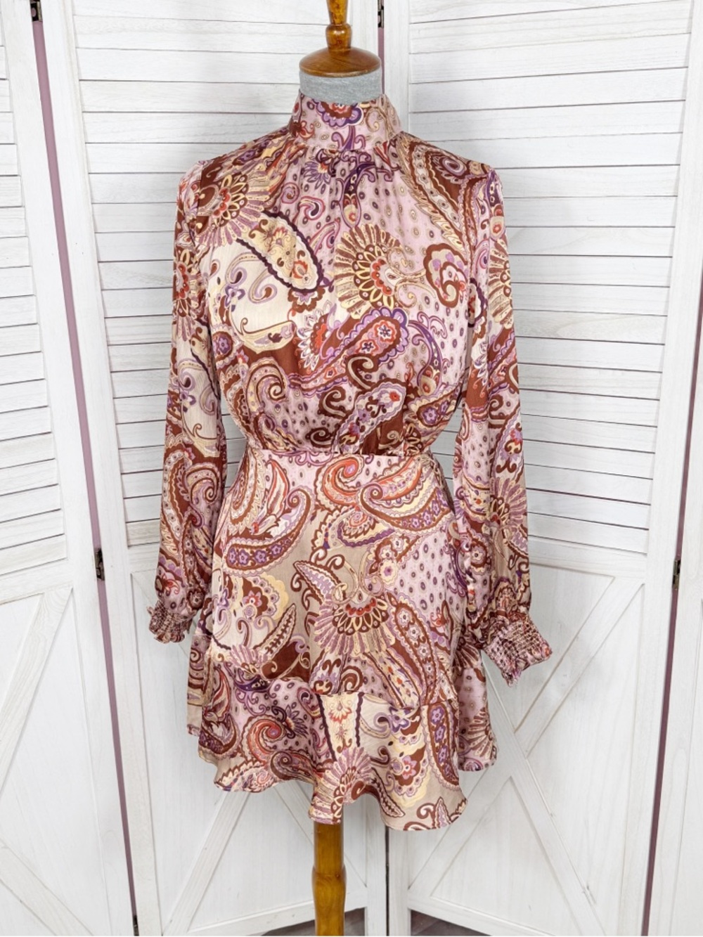 Fate Paisley Boho Print Satin High Neck Mini Dress Medium Long Sleeve Festival - Picture 1 of 13